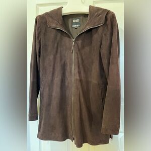 Women’s Hilary Radley Genuine Suede Leather Coat with Hood - Dark Brown - XS/S
